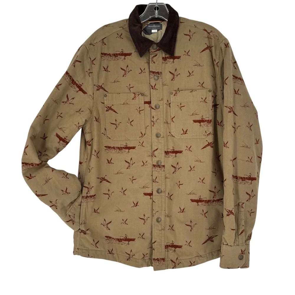 LL Bean Signature Slim Fit Chamois Jacket Geese Camo Quilted Lined Mens M 522077